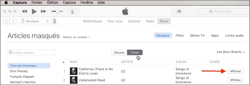 Afficher les achats masqués sur iTunes à partir des données du compte